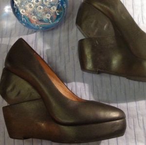 Rare, original All Saints stacked black leather platform wedge heels. Size 6